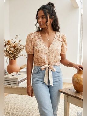 Moon River Beige Patterned Tie-Front Blouse